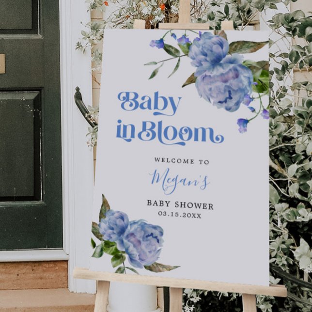 Baby In Bloom Blue Floral Baby Shower Welcome Sign (Creator Uploaded)