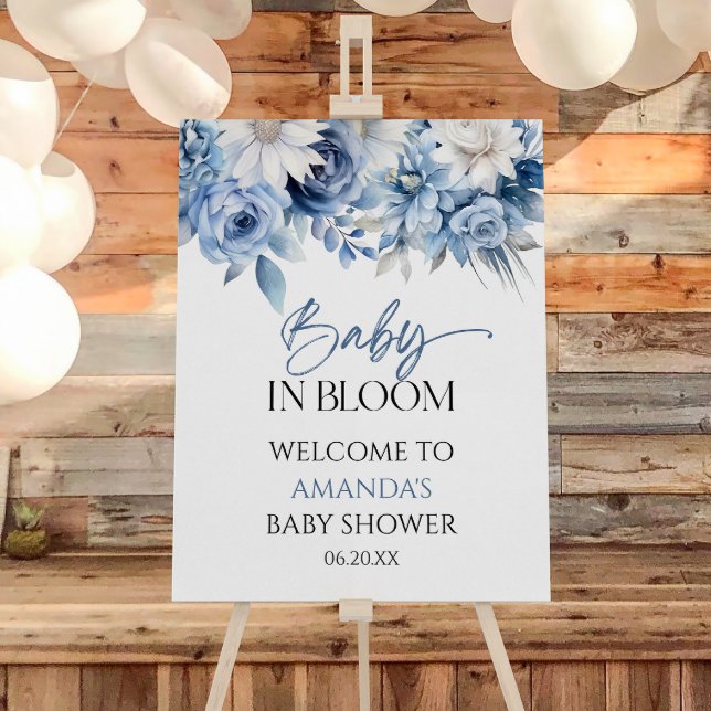 Baby In Bloom Blue Floral Baby Shower Welcome Sign (Creator Uploaded)