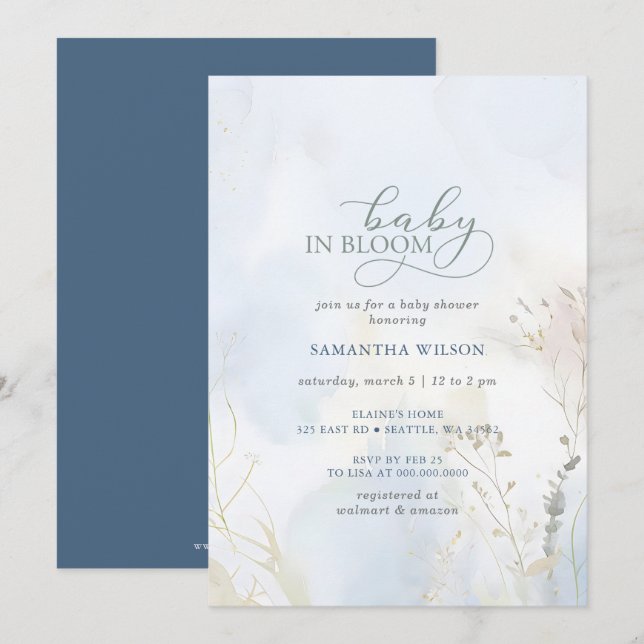 Baby in Bloom Blue Floral Boy Baby Shower Invitation (Front/Back)
