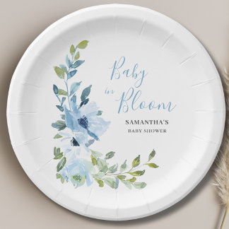 Baby In Bloom Blue Floral Boy Baby Shower Paper Plates