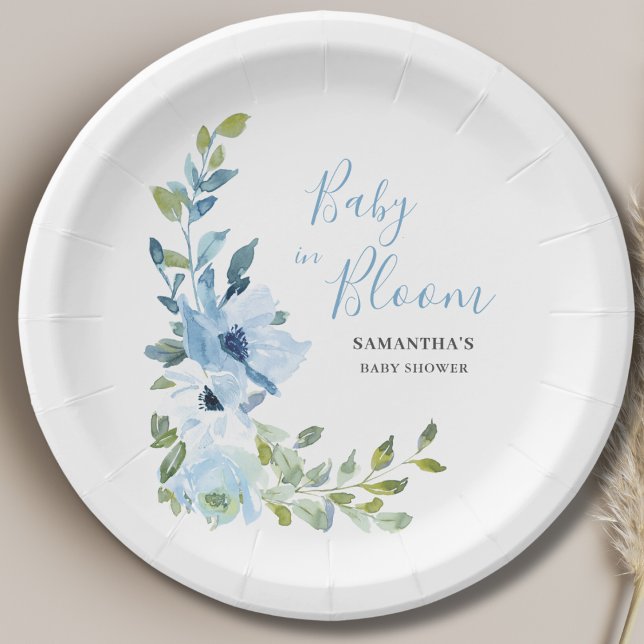 Baby In Bloom Blue Floral Boy Baby Shower Paper Plates (Creator Uploaded)