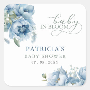 Baby in Bloom Blue Floral Boy Baby Shower Square Sticker