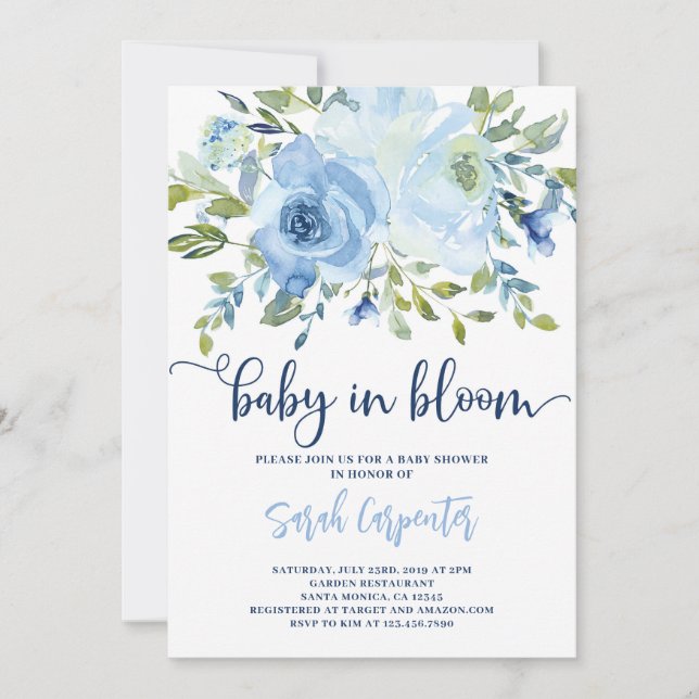 Baby in Bloom blue floral boy invitation (Front)