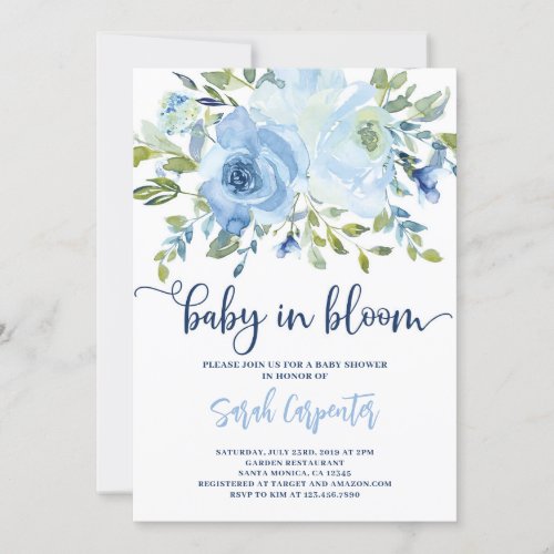 Baby in Bloom blue floral boy invitation