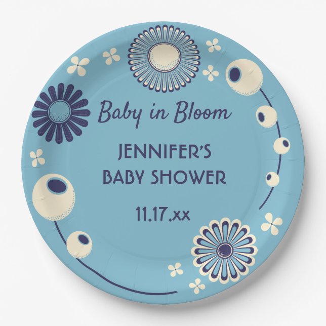 Baby in Bloom Blue Floral Boy Shower Paper Plates (Front)