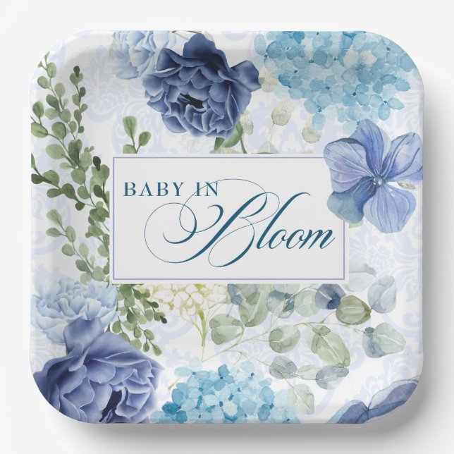Baby in bloom blue floral chinoiserie baby shower paper plates (Front)