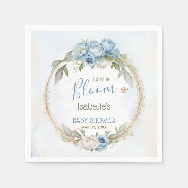 Baby In Bloom Blue Floral Elegant Boy Baby Shower Napkins (Front)