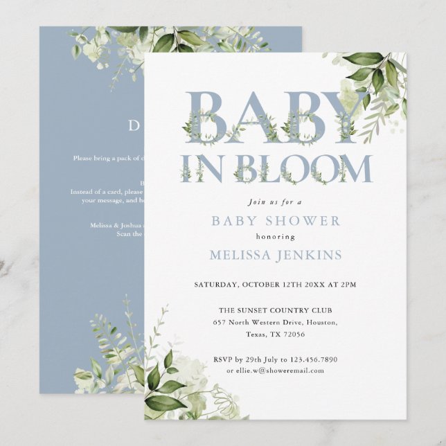Baby In Bloom Blue Greenery All In One Baby Shower Invitation (Front/Back)