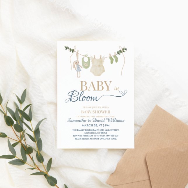 Baby in Bloom Blue Greenery Clothesline Botanical  Invitation (Creator Uploaded)
