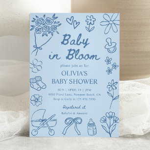 Baby in Bloom Blue Hand Drawn Boy Baby Shower Invitation