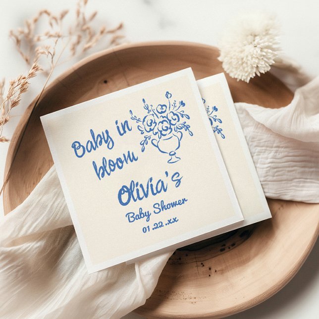 Baby In Bloom Blue Hand Drawn Floral Baby Shower Napkins (Creator Uploaded)