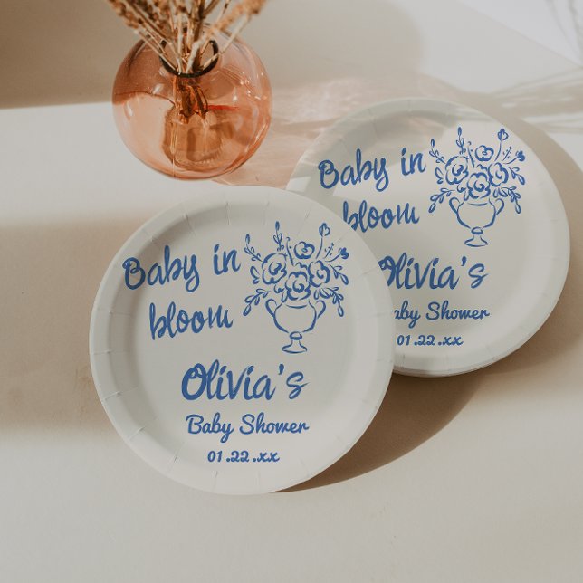 Baby In Bloom Blue Hand Drawn Floral Baby Shower Paper Plates (Creator Uploaded)