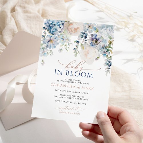 Baby in Bloom Blue Hydrangea  Roses Shower Invitation