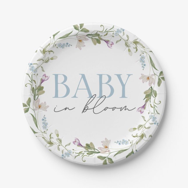 Baby in Bloom Blue Spring Floral  Paper Plates (Front)