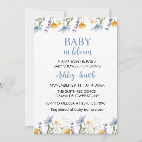 Baby in Bloom Blue Wildflower Baby Shower Invitation