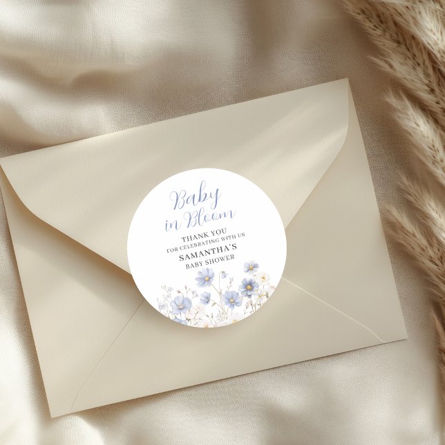 Baby In Bloom Blue Wildflower Boy Baby Shower Classic Round Sticker (Creator Uploaded)