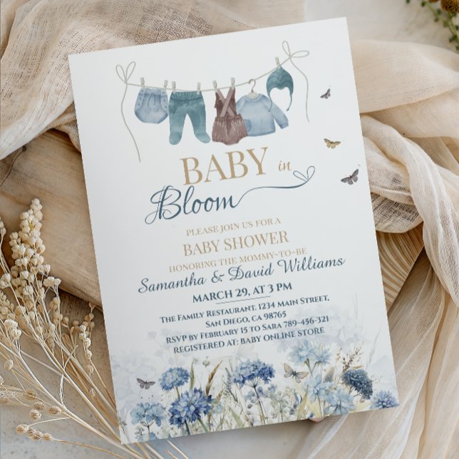 Baby in Bloom Blue Wildflower Clothesline Invitation (Creator Uploaded)