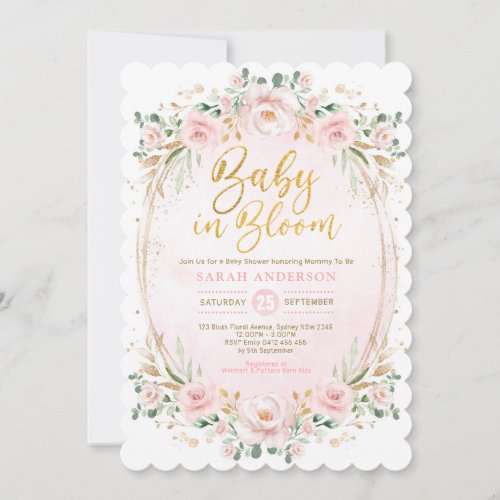 Baby in Bloom Blush Gold Pink Floral Girl Shower Invitation