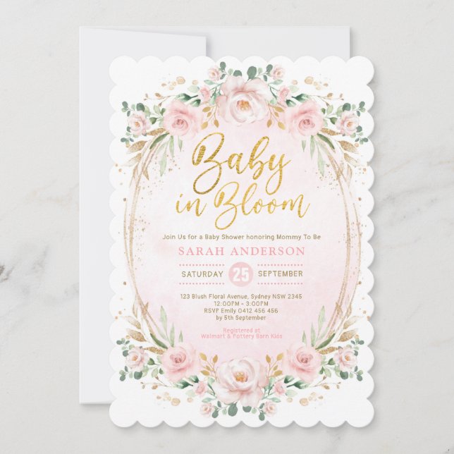 Baby in Bloom Blush Gold Pink Floral Girl Shower Invitation (Front)