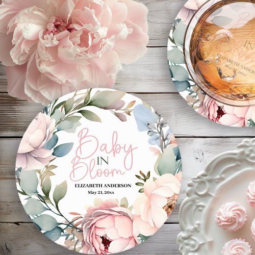 Baby In Bloom Blush Peony Baby Shower Round Paper Coaster