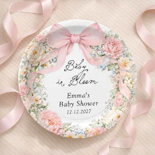 Baby in Bloom Blush Pink Bow Floral Baby Shower Paper Plates