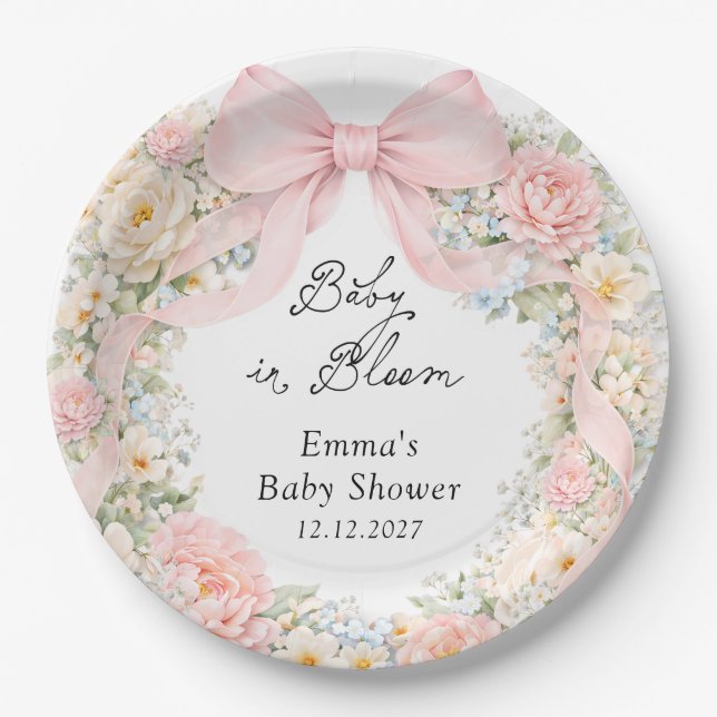 Baby in Bloom Blush Pink Bow Floral Baby Shower Paper Plates (Front)