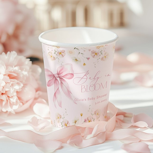 Baby in Bloom Blush pink Bow Floral Spring Paper Cups (Creator Uploaded)