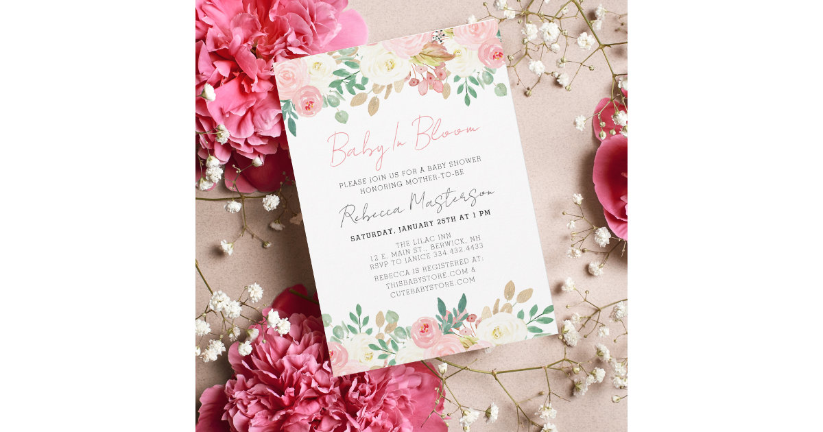 Baby In Bloom Blush Pink Floral Baby Shower Invitation | Zazzle
