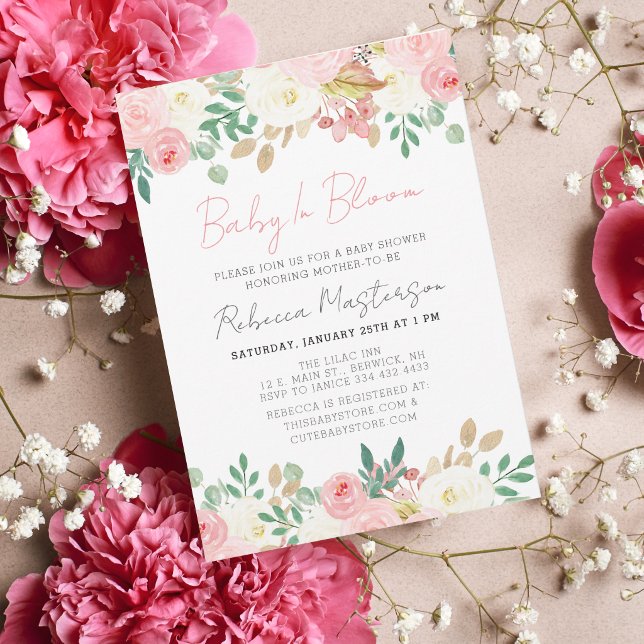 Baby In Bloom Blush Pink Floral Baby Shower Invitation