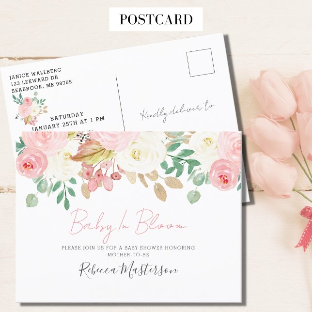 Baby In Bloom Blush Pink Floral Baby Shower Invitation Postcard