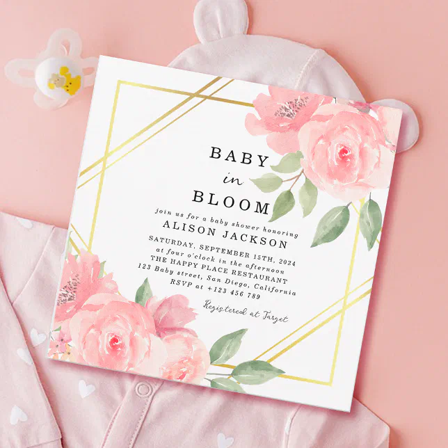 Baby in Bloom Blush Pink Gold Floral Baby Shower Invitation | Zazzle