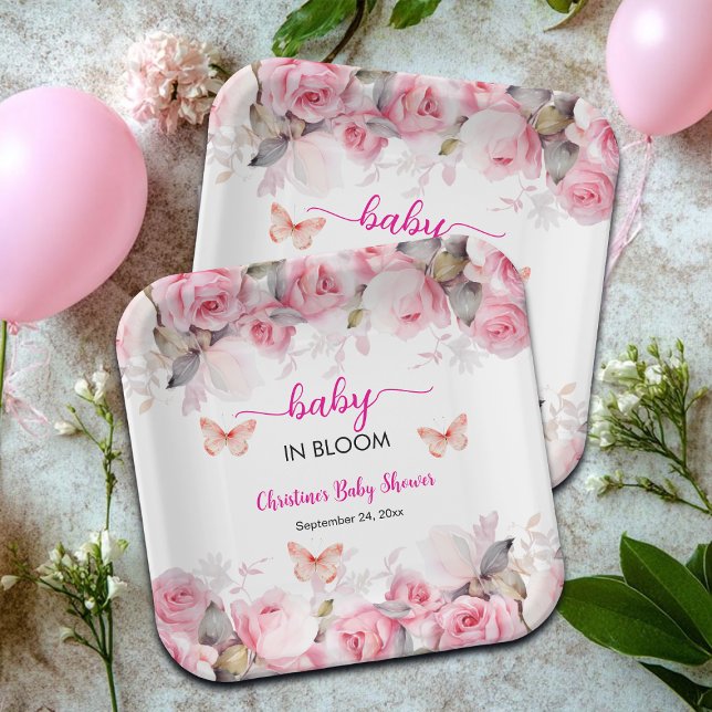 Baby in Bloom Blush Roses Baby Shower Paper Plates (Creator Uploaded)