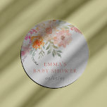 Baby In Bloom | Blush & Teal Spring Floral Shower Classic Round Sticker<br><div class="desc">Stickers to match our "Baby In Bloom | Blush & Teal Spring Floral Shower" invitation. This design features a floral arrangement in the top left-hand corner. There are roses, dahlias, snapdragons, eucalyptus, and more. Below, aligned to the center, it shows the mom-to-be's name and event details in classic serif typography....</div>