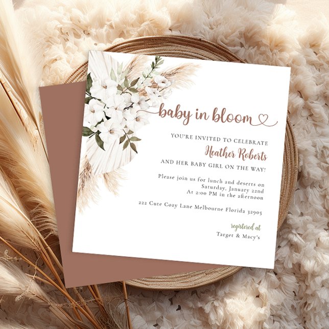 Baby in Bloom Boho Chic Floral Baby Shower Invite (Neutral Colored Baby Shower Invitation)