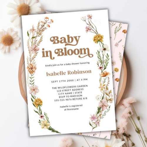 Baby in Bloom Boho Chic Floral Pink Baby Shower Invitation