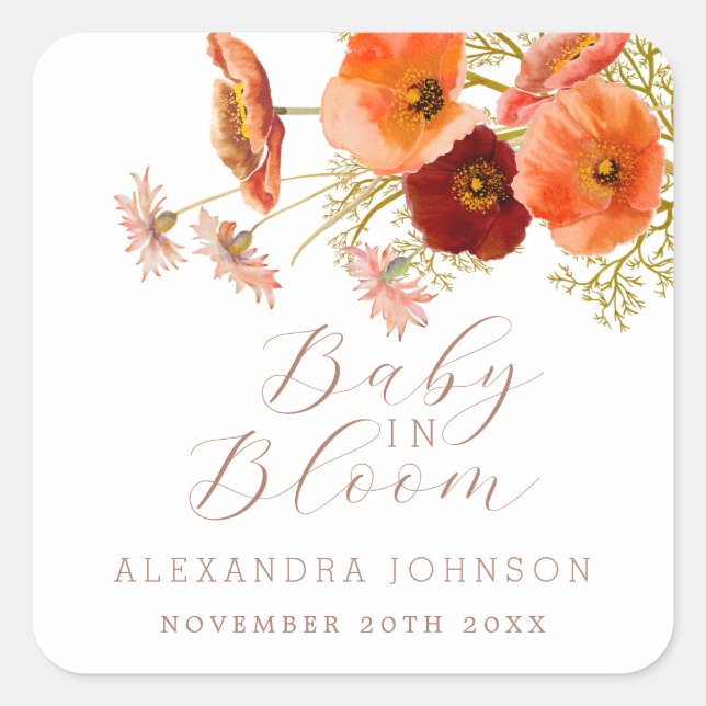 Baby in Bloom Boho Fall Floral Baby Shower Custom Square Sticker (Front)