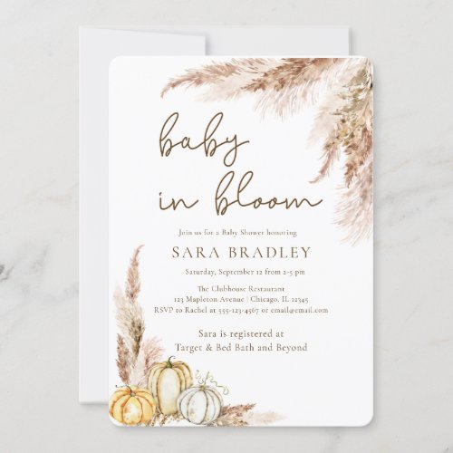 Baby in bloom boho Fall pampas grass baby shower Invitation