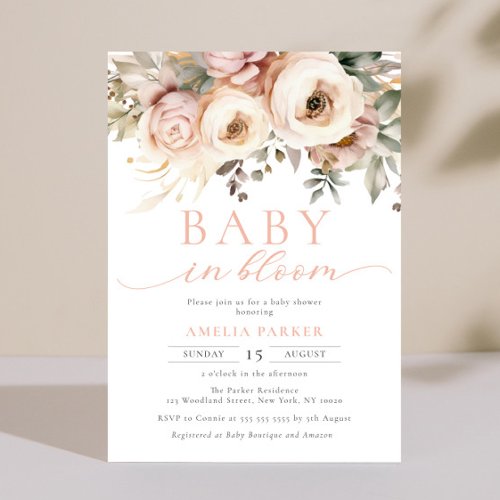 Baby In Bloom Boho Floral Peonies Girl Baby Shower Invitation