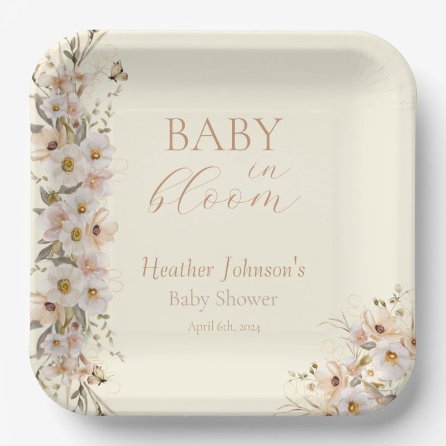 Baby In Bloom Boho Neutral Baby Shower Paper Plates (Front)