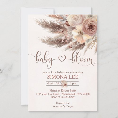 Baby in Bloom boho pampas grass girl baby shower  Invitation