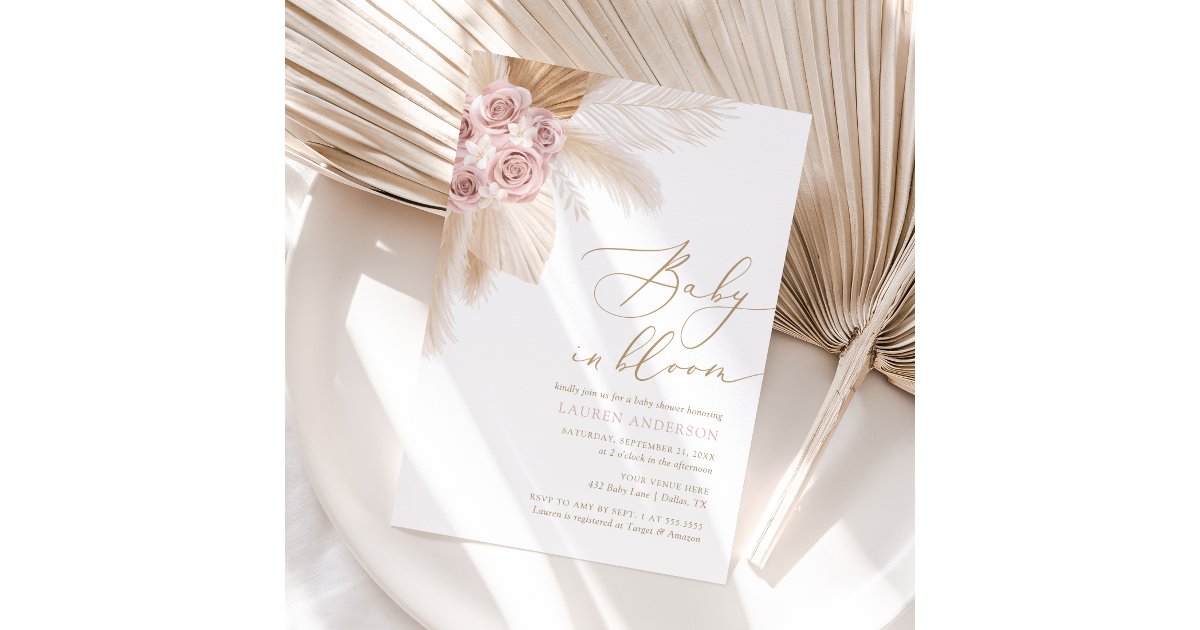Baby in Bloom Boho Pampas Grass Girl Baby Shower Invitation