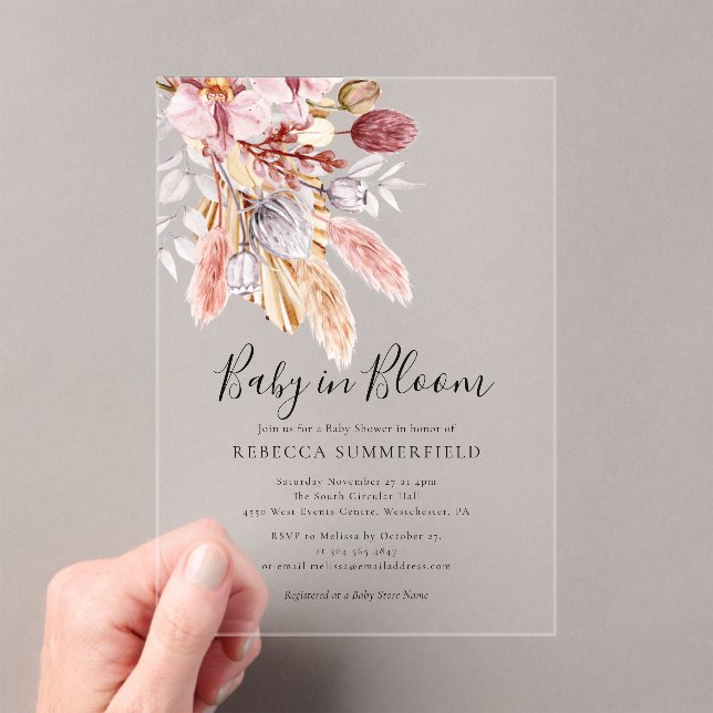 Baby in Bloom Boho Pampas Grass Shower Acrylic Invitations (Insitu (Handheld))