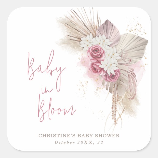 Baby In Bloom Boho Roses Baby Shower Square Sticker (Front)