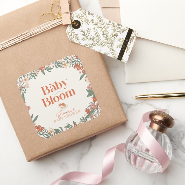 Baby in Bloom Boho Wildflower Girl Baby Shower Square Sticker (Gifting)