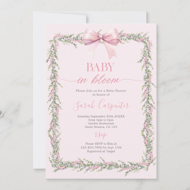 Baby in Bloom Bow Baby Shower Girl Invitation (Front)