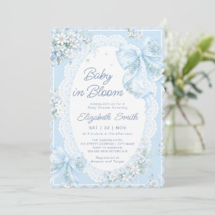 Baby in Bloom Bow Blue Floral Boy Baby Shower Invitation