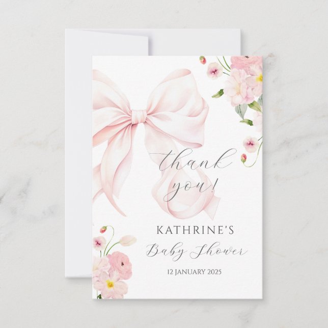 Baby In Bloom Bow Pink Thank You Card  (Front)