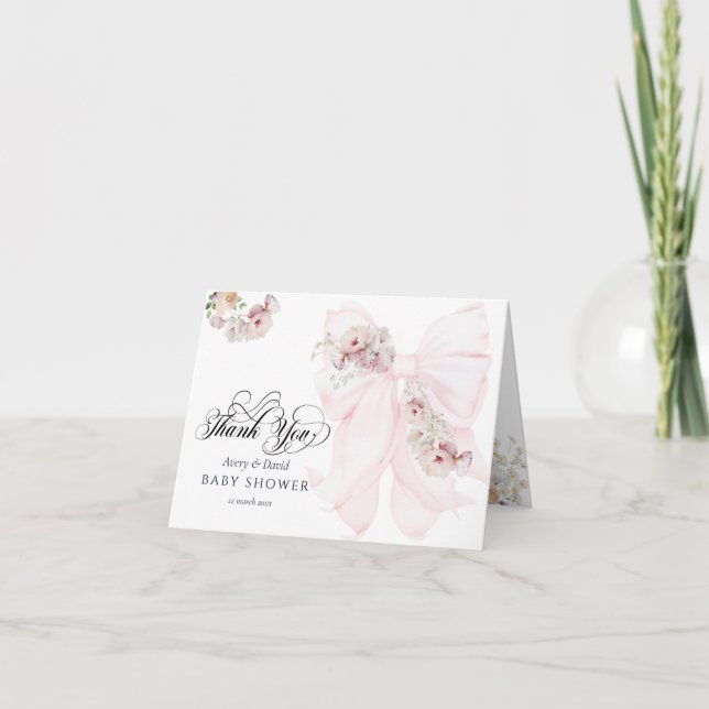 Baby in Bloom Bow Spring Garden Girl Baby Shower Thank You Card (Front)
