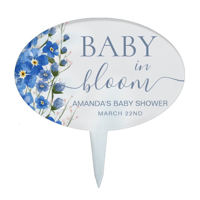 Baby in Bloom Boy Blue Floral Shower  Cake Topper (Front)