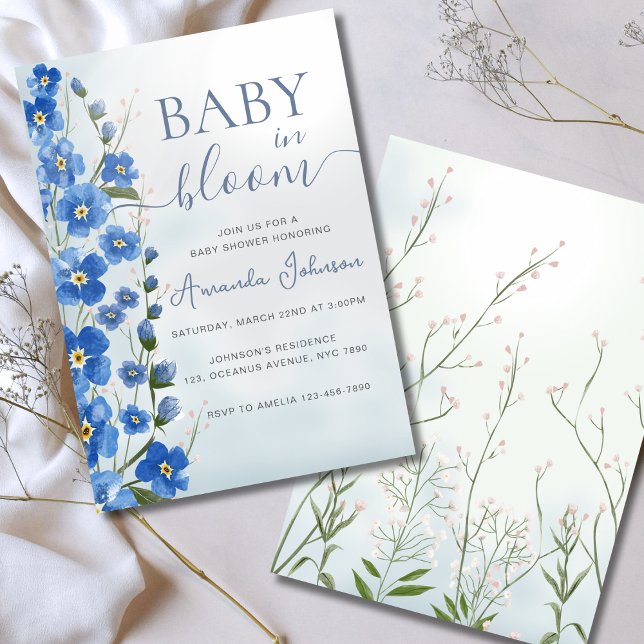 Baby in Bloom Boy Blue Floral Shower  Invitation (Creator Uploaded)